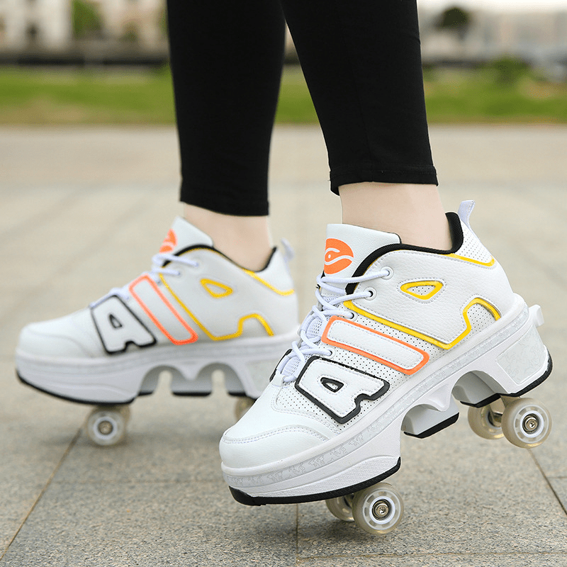 man skating in white 4 wheel roller shoes, outdoor photo