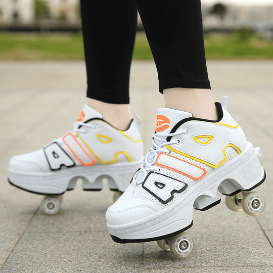 man skating in white 4 wheel roller shoes, outdoor photo