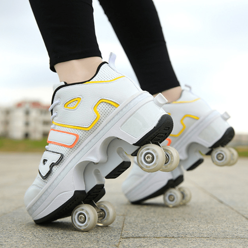 white and yellow nike roller shoes on pavement, outdoor lifestyle photo side view