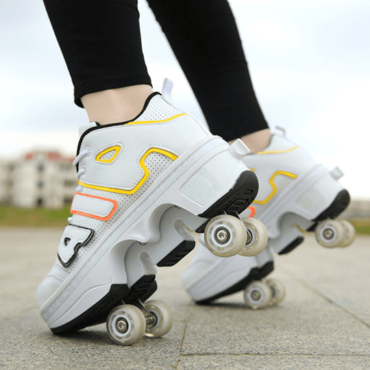 white and yellow nike roller shoes on pavement, outdoor lifestyle photo side view