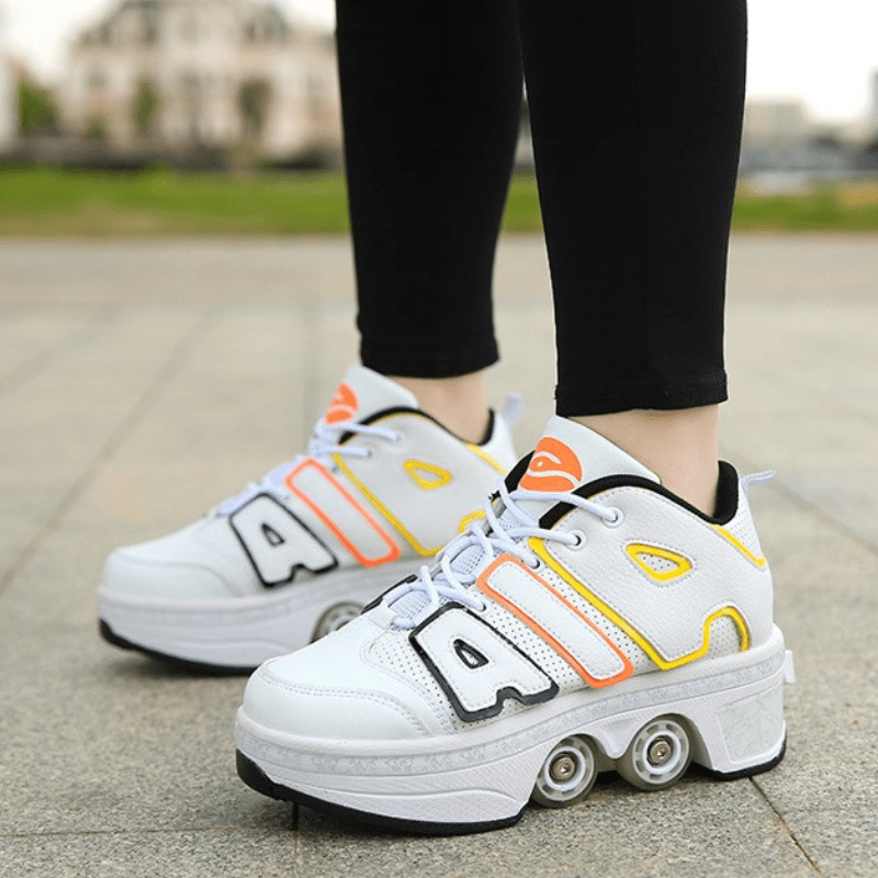 white roller skate shoes for kids on pavement