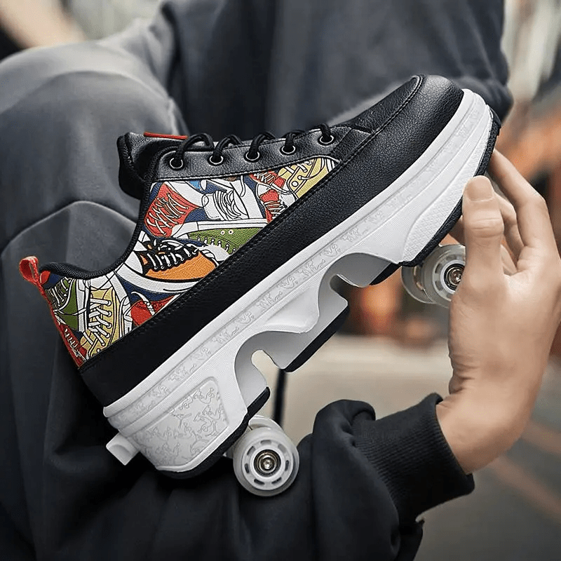 black roller skate sneakers with comic-style print, held by hand in outdoor scene