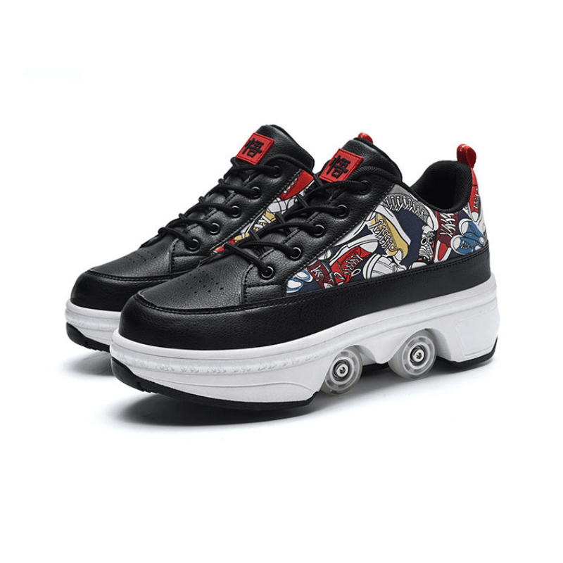black roller shoes with wheels, comic-style design, side product view