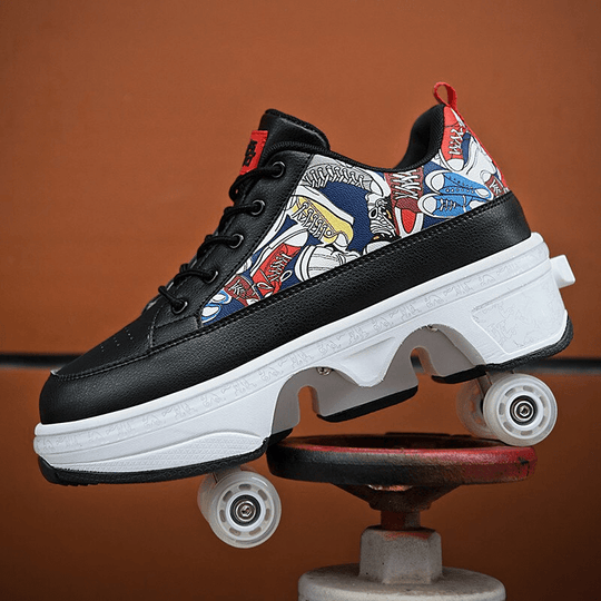 black low-top roller skate shoes with comic print, displayed on stand, brown studio background