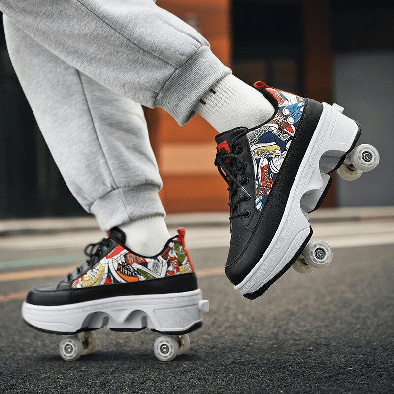 black 4 wheel roller shoes worn by adult on city street, lifestyle action shot