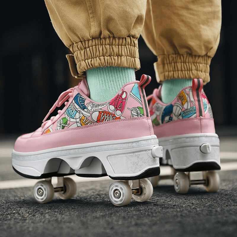 pink roller shoes with wheels in motion, person skating on city pavement, back view