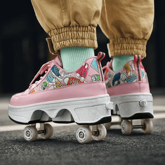 pink roller shoes with wheels in motion, person skating on city pavement, back view