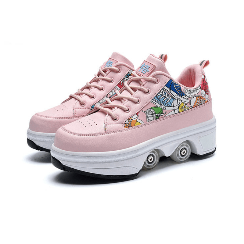 pink low-top roller skate shoes with wheels Tokyo edition, side product view on white background
