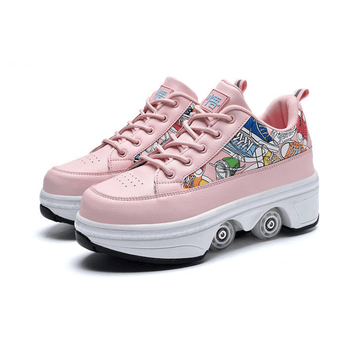 pink low-top roller skate shoes with wheels Tokyo edition, side product view on white background