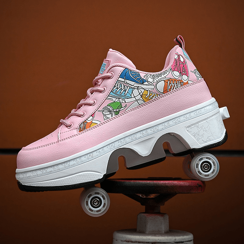 pink Tokyo edition roller skate shoes with wheels, product display on stand on brown background