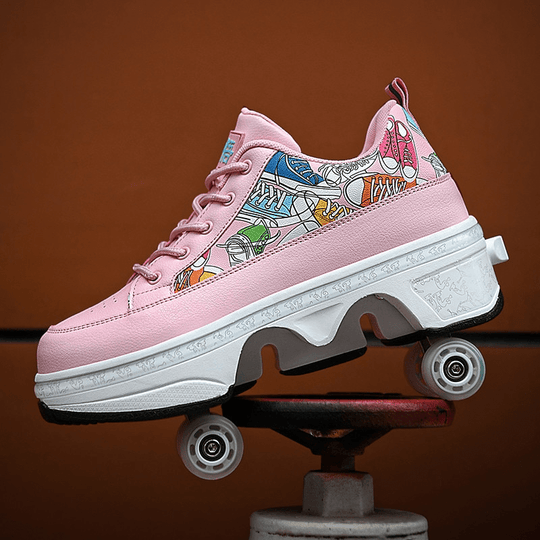 pink Tokyo edition roller skate shoes with wheels, product display on stand on brown background
