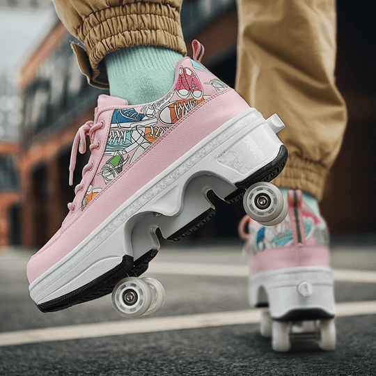 woman wearing pink roller skate shoes with wheels, back view outdoor photo
