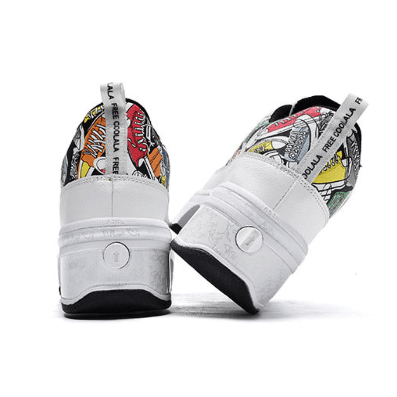 back angle of white Kick Speed roller skate shoes with colorful Tokyo pattern, heel detail visible