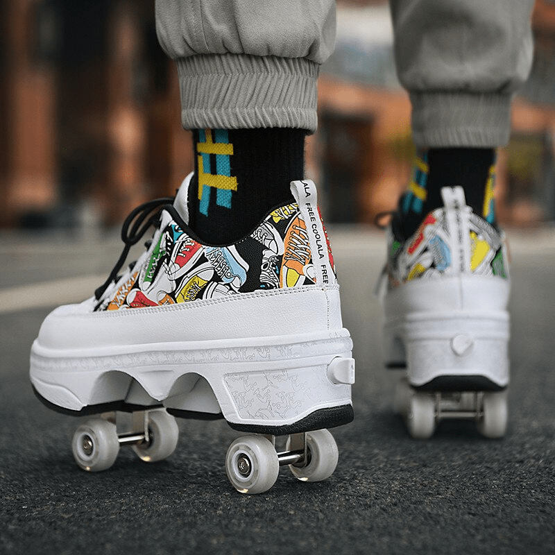 back angle of white roller shoes with comic art print, person skating outside