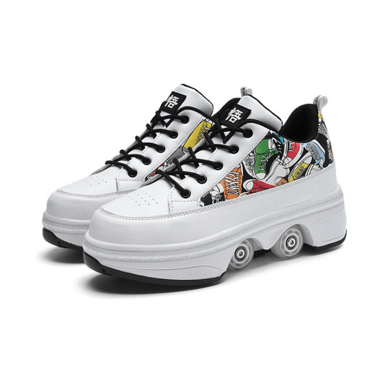 white low-top Kick Speed roller skate shoes with wheels, front side angle on white background