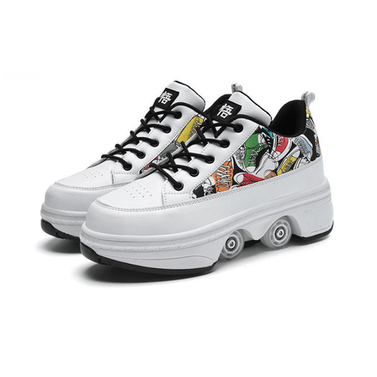 white low-top Kick Speed roller skate shoes with wheels, front side angle on white background