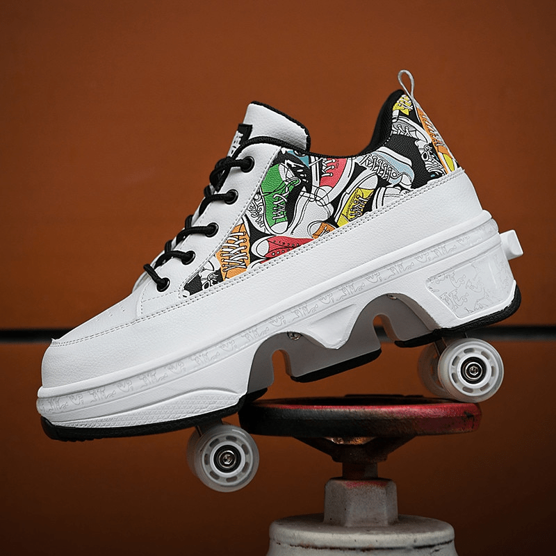 white 4 wheel roller skate sneakers, product shot on stand, brown background,  shoes with wheels for kids and adults