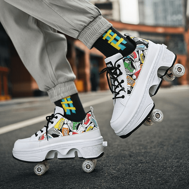 man skating in white low-top roller skate shoes with colorful pattern, outdoor lifestyle photo