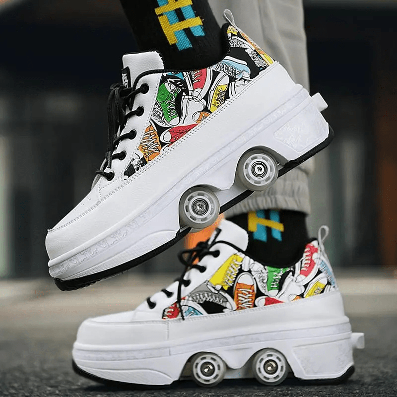white Kick Speed Tokyo low-top roller skate shoes with colorful pattern, outdoor lifestyle photo