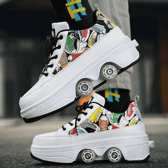 white Kick Speed Tokyo low-top roller skate shoes with colorful pattern, outdoor lifestyle photo