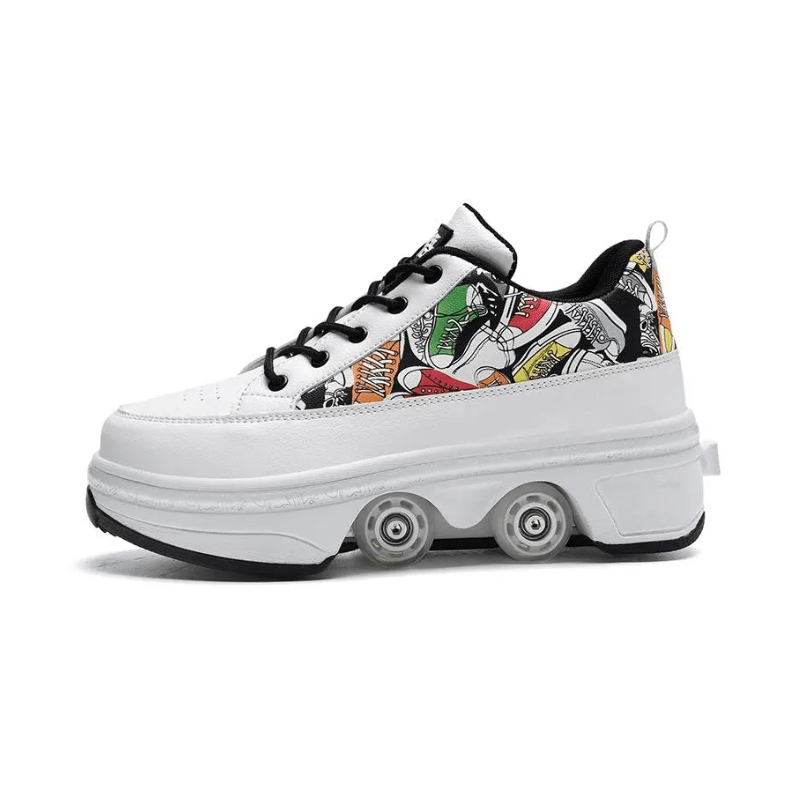 white Kick Speed Tokyo low roller skate shoes with wheels, clean product photo side view