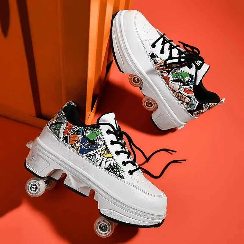 top view of white Kick Speed low-top roller skate sneakers showing retractable wheel mechanism