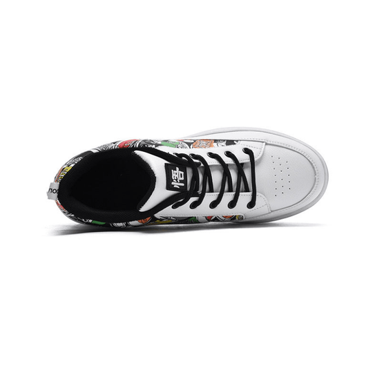 top-down view of white roller shoes with pop-up wheels, black lining and comic accents