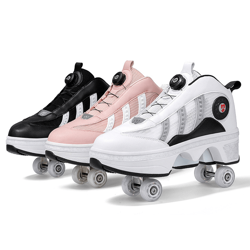 Kick Speed Triple Arc MID black, white, and pink roller shoes lineup highlighting multi color models with pop-out wheels