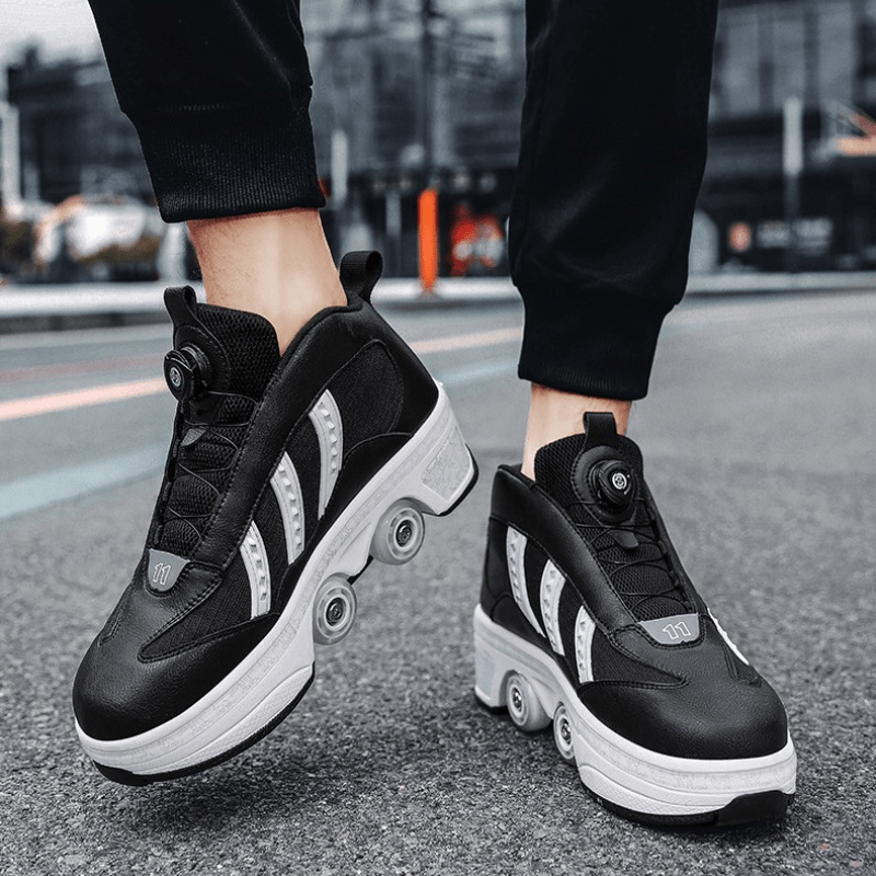 front view of Kick Speed black roller shoes with retractable wheels for men worn outdoors