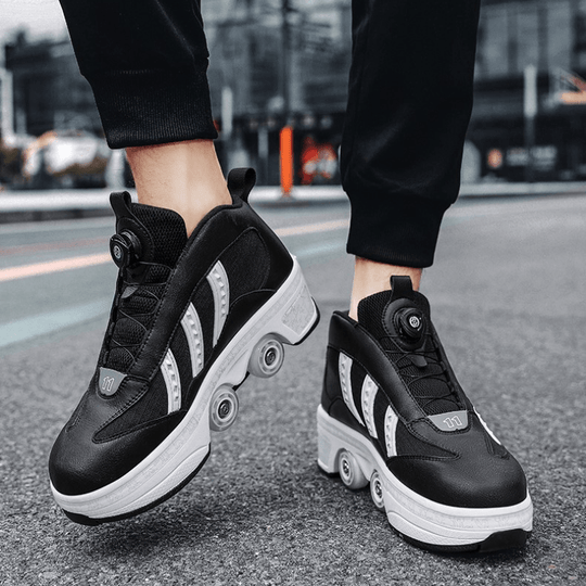 front view of Kick Speed black roller shoes with retractable wheels for men worn outdoors