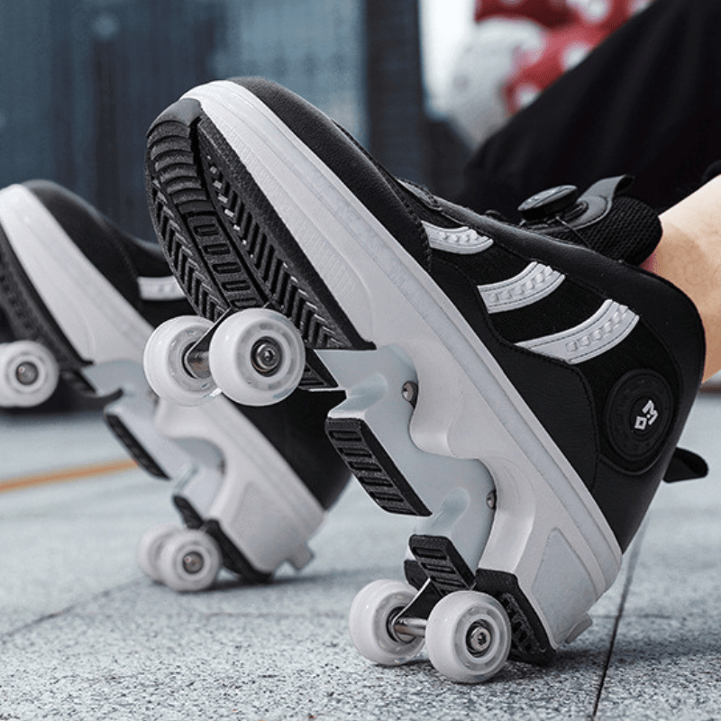 close up bottom view of Kick Speed Triple Arc black roller shoes, modern fashion sneakers with wheels
