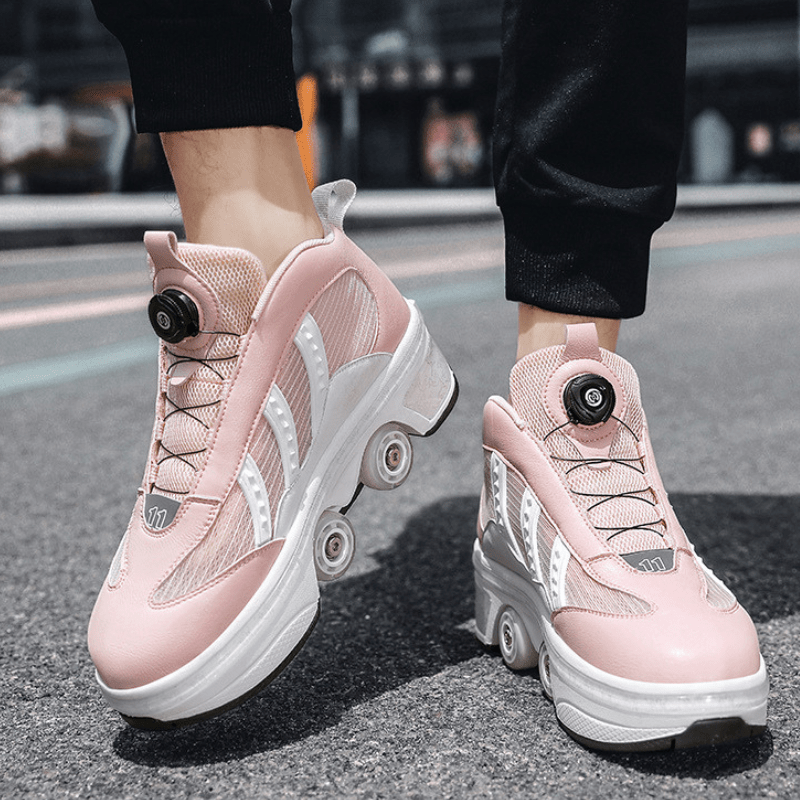 man walking in Kick Speed pink shoes with wheels on city pavement daylight scene
