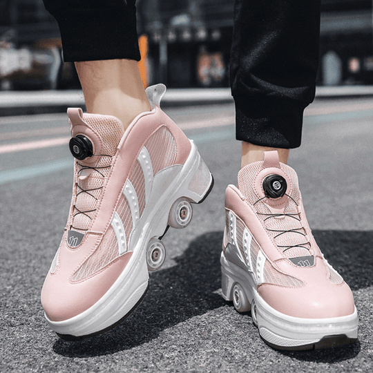 man walking in Kick Speed pink shoes with wheels on city pavement daylight scene
