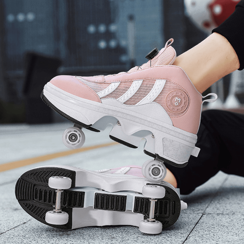 Kick Speed pink shoes with wheels on the bottom worn while skating on city pavement daylight scene, side view
