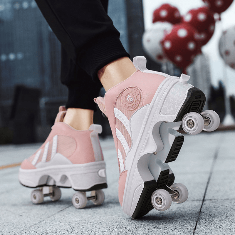 Kick Speed Triple Arc MID pink shoes with wheels in action outdoor street view female skater wearing them