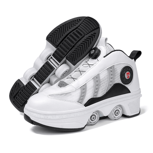 Kick Speed Triple Arc MID white shoes with wheels close up product photo showing retractable 4 wheel system

