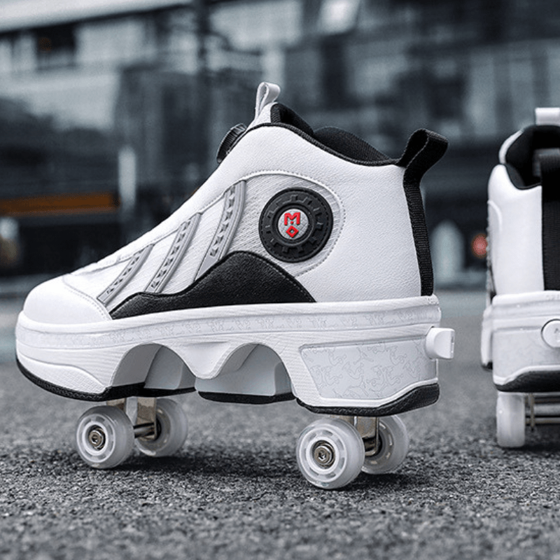 Kick Speed Triple Arc MID white roller skate shoes close up of pop out wheels and sole structure
