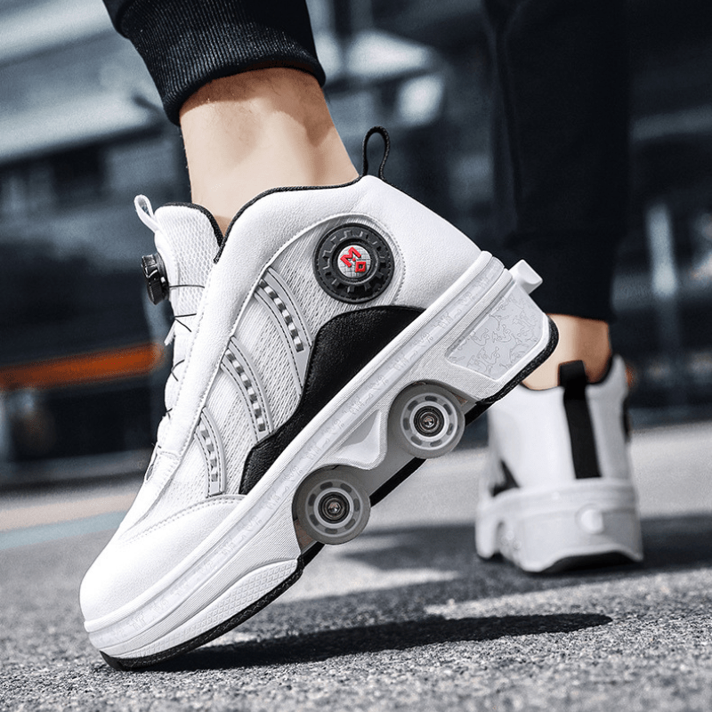 side angle of white Kick Speed retractable roller shoes for men being worn on the street
