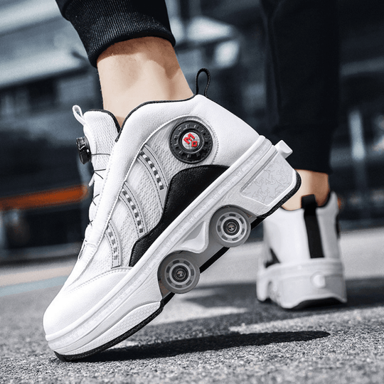 side angle of white Kick Speed retractable roller shoes for men being worn on the street
