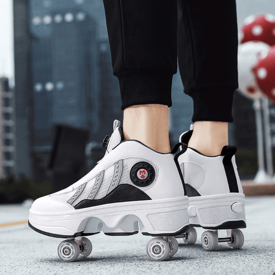 white Kick Speed 4 wheel shoes for adults stylish mid top sneakers wit pop out wheels on city sidewalk, side view