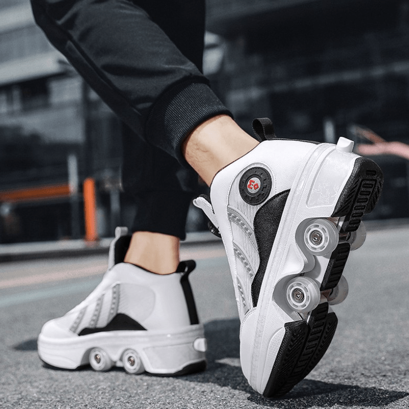 Kick Speed white shoes with wheels side perspective showing retractable heel mechanism
