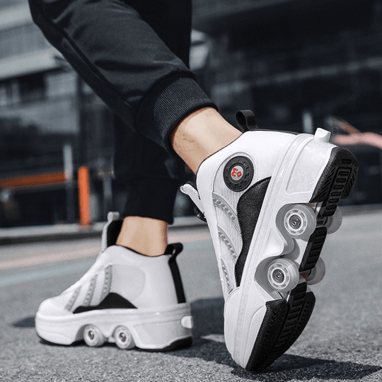 Kick Speed white shoes with wheels side perspective showing retractable heel mechanism
